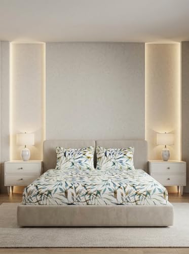 Image of DDECOR Live Beautiful 100% Cotton 145TC Leaves King Bedsheet with 2 Pillow Covers | Rotary Printed Breathable Fabric | 224 CM X 254 CM | Luxury Bedding for Home | Cresta Collection | Blue Shadow