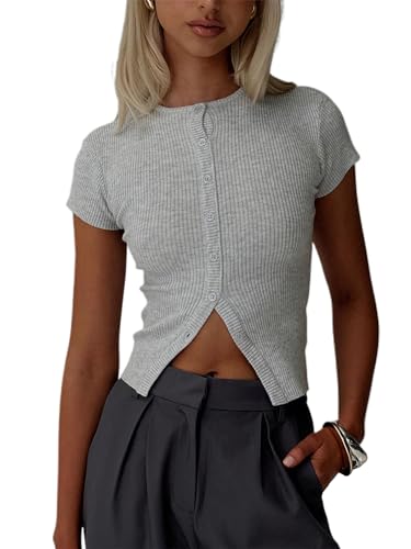Womens Slim Fitted Shirts Short Sleeve Cardigan Button Down Blouses Y2k Ribbed Tops
