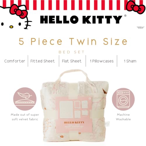 Image of Lux Hello Kitty Velvet Bedding 5 Piece Super Soft Cozy Reversible Comforter and Sheet Set with Sham & Tote Bag, Twin, (Officially Licensed Product) By Franco