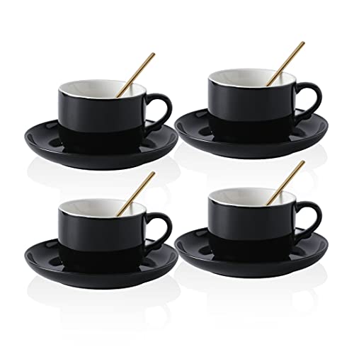 CHILDIKE Tazas de café de porcelana de 8 onzas con platillos cuchara tazas de té Set de 4 (negro) Cover