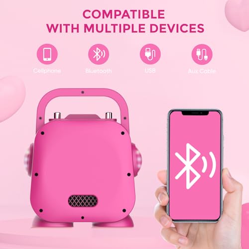 Altavoz karaoke con microfono DYNASONIC rosa recargable y ligero para niñas 3
