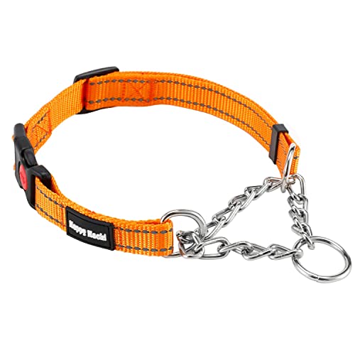 PETTOM Collier Étrangleur Chien(L 50-63cm), Collier Semi Étrangleur avec Bouton Sécurité pour Chien Grand/Gros/Moyen, Collier Nylon Chaîne avec Bande Réfléchissante - Orange Cover