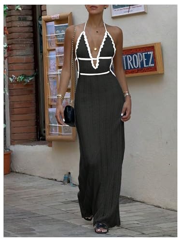 Image of SOLY HUX Women's Tie Backless Maxi Halter Dress Deep V Neck Sleeveless Knit Elegant Dresses