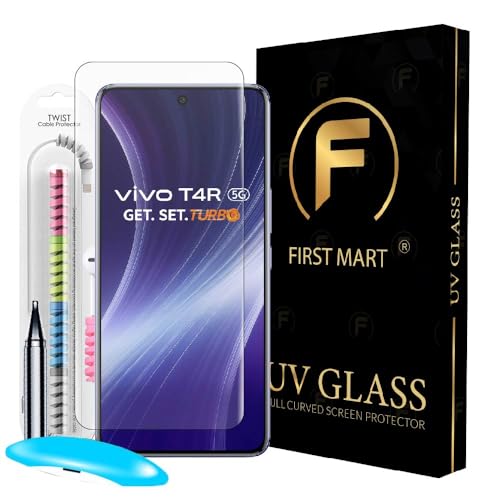 Image of FIRST MART Tempered Glass for Vivo T4R, T4, IQOO Z10 and Z10R 5G With UV Installation Kit | Military-Grade Gorilla Screen Protector and Cable Guard | Edge to Edge Coverage | Crystal Clear