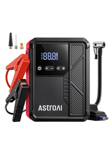 AstroAI Beta822 3000A Jump Starter with Air Compressor, 150PSI Portable Tire Inflator with Auto-Shutoff, 12V Car Battery Booster (9.0 Gas/7.0L Diesel) with LED Light and Jumper Cables(Red)
