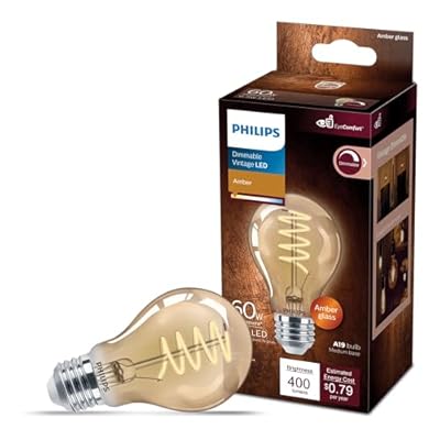 Philips LED Vintage Flicker-Free Amber Spiral A19 Dimmable, Eyecomfort Technology, 400 Lumen, Amber Light(2000K), 6.5W=60W, Title 20 Certified, E26 Base, 1-Pack (565796)