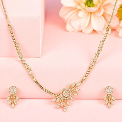 Image of Nilu's Collection Rose Gold Plated AD Stone Jewellery Set for Women, Girls | Special Ocassion, Wedding, Engagement, Dating | Anti Tarnish | Anti Allergy | Necklace and Earring Set | Gift for Her