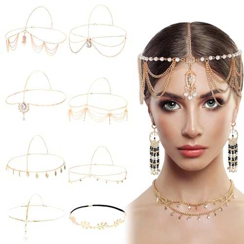 8 Stück Kopfschmuck Gold Haarband Boho Stirnband Strassquaste Haarschmuck Gold Damen Festival Party Haarschmuck für Frauen Mädchen