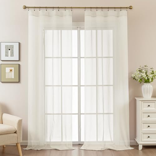 Image of Ivory Sheer Curtains 108 Inches Extra Long, Privacy Semi Sheer Curtains for Living Room Bedroom, Light Filtering Rod Pocket Voile Window Drapes 2 Panels Set, Each 42 inch W x 108 inch L