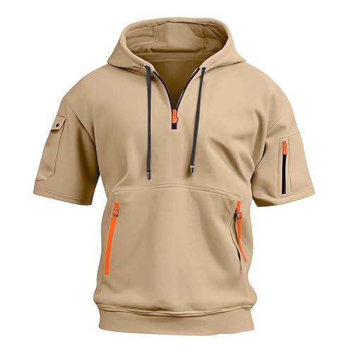Short Sleeve Hoodies for Men Big and Tall Casual Quarter Zip Pullover Lightweight Oversized Hooded Shirts with Pocket4
