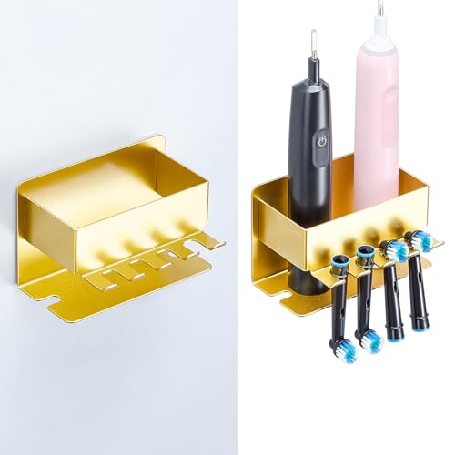 Image of Toothbrush Head Holders, Electric Tooth Brush Head Holder, Adhesive Toothpaste Holder for Shower Bathrooms, Wall Mounted Tooth Brushing Holder Organizer Storage (Gold, Small)
