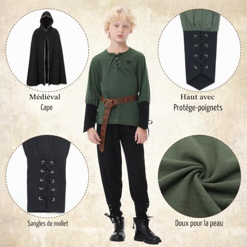 Ezuwail Costume médiéval pour enfant garçon - Costume viking - Costume de carnaval pour enfant garçon - Costume d'Halloween, carnaval - Ensemble d'accessoires de costume médiéval (vert, 160) – vue 3