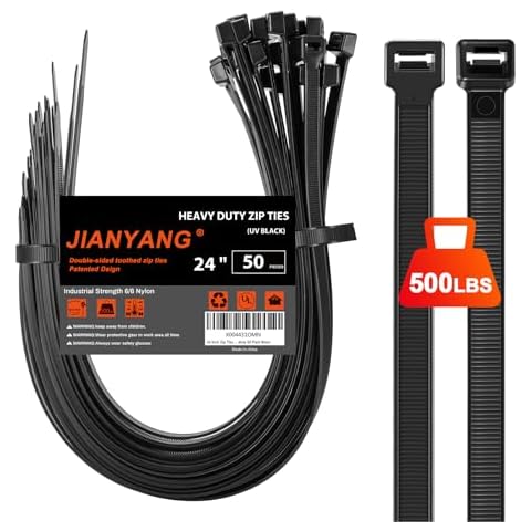 Long Zip Ties Heavy Duty 24 inch，500 LBS Tensile Strength With Double Sided Toothed Super Durable Cable Ties ，Extra Large Wire Ties Adjustable Nylon Tie Wraps for Indoor Outdoor （50 Pack Black） Cover