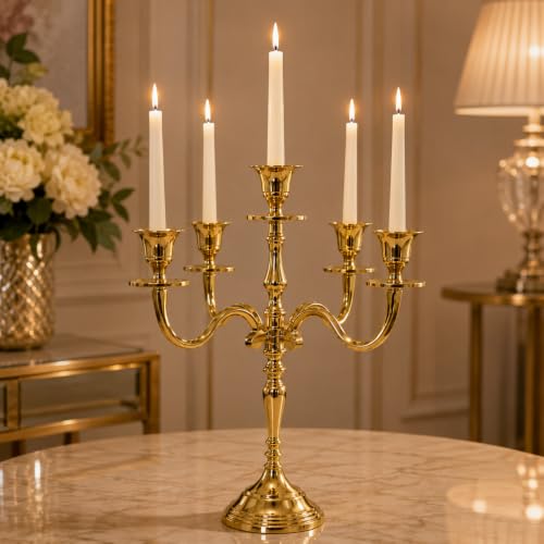 Image of Decorative Aluminum Vintage 5-Arm Brass Gold Candelabra Candle Holder - Elegant Metal Table Centerpiece for Home, Wedding, Party & Dining Room Decor