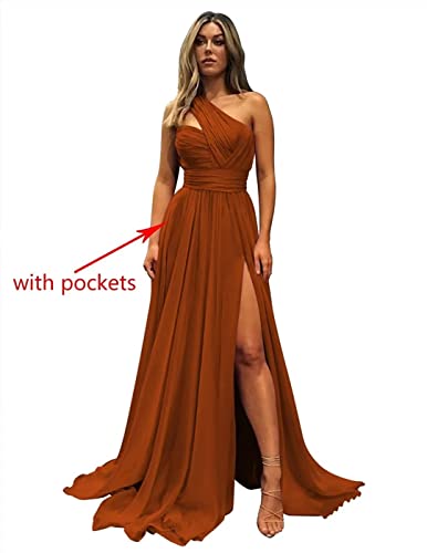 One Shoulder Bridesmaid Dresses Long A Line Formal Evening Gown with Slit3