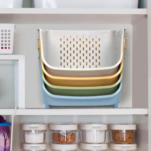 Image of Multipurpose Plastic Basket Storage Rack with Wheels - Stackable Organizer Shelf (Pack of 3)