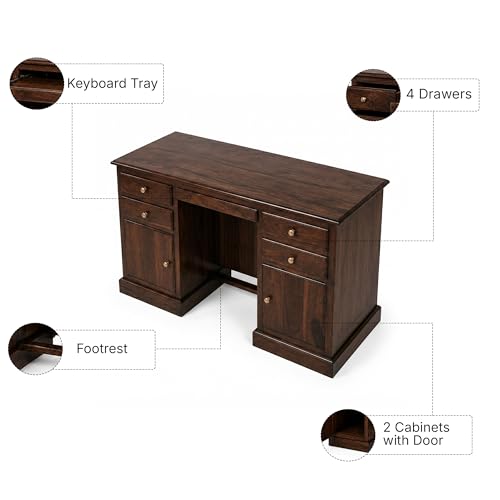 Image of SONA ART & CRAFTS Carmel Solid Sheesham Wooden Study Table for Students Big Size with 4 Drawers & 2 Cabinets Study Desk Table Office Table for Work from Home Writing Office Desk (Walnut Finish)