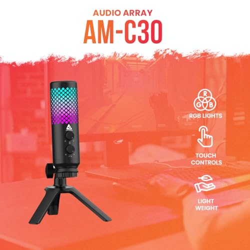 Image of Audio Array AM-C30 Metal RGB Professional USB Microphone | One-Touch Mute, Gain & No-Latency Monitoring Controls | Shock Mount and Tripod | for PC /Mobile, Gaming, Streaming, Podcasting & Voiceover