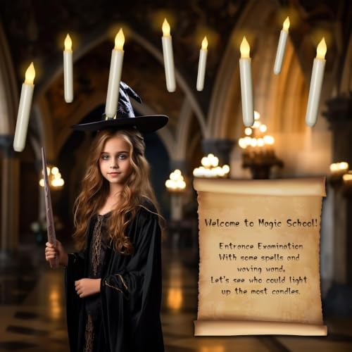 Image of Raycare 20 Pcs Floating Candles with Wand, Magic Hanging Candles Flameless, Flickering LED Taper Candle with Wand Remote, Warm Light, Battery Operated Window Candle for Halloween Witch Wizzard Decors