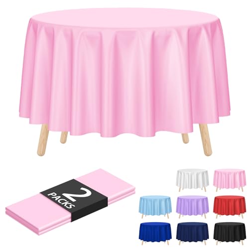 Image of Kopokita 2 Pack Pink Round Disposable Plastic Tablecloths 84 inch | Party Table Covers for Birthday, Baby Shower, Wedding, Valentines, Mothers Day, Easter Decorations