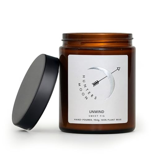 Luxury Scented Candle - 'Unwind' Sweet Fig Fragrance 154g | Plant Based Soy Wax Candle Burns Evenly | Long Burning Candle 45hrs | Vegan, Paraffin Free | Hand Poured by Hunters Moon