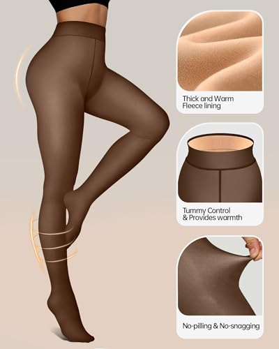 Image of OEAK Womens Fleece Lined Tights Fake Translucent Pantyhose Thermal Opaque High Waisted Winter Legging Footed Sheer Tights 300g Toffee 2XL