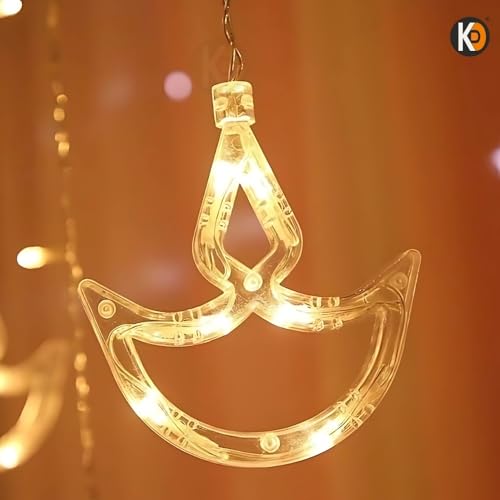 Image of K D 6+6 Diya Yellow Curtain LED String Lights, 138 LEDs (3.5 ft Length + 0.5 FT Length After Adapter = 4ft) with 8 Modes Indoor Outdoor for Home, Diwali, Christmas (Big String Diya 6+6 Yellow)