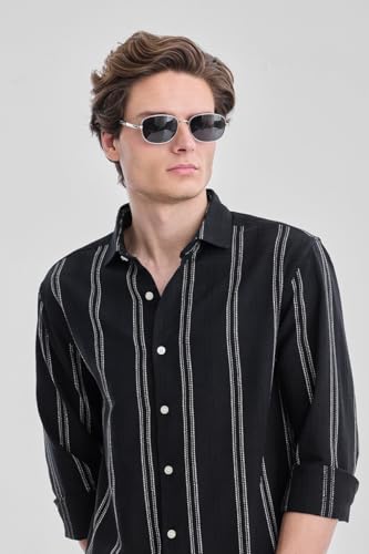 Image of SNITCH Men Casual Shirt for Smart & Everyday Wear | Regular Fit Full Sleeve Point Collar Striped Pattern | Breathable Cotton Blend Fabric for All Day Comfort | Black