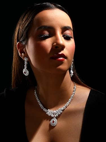 Image of ASMITTA Jewellery American Diamond Necklace Set Rhodium Plated Choker Necklace with Earrings for Weddings, Parties & Festivals