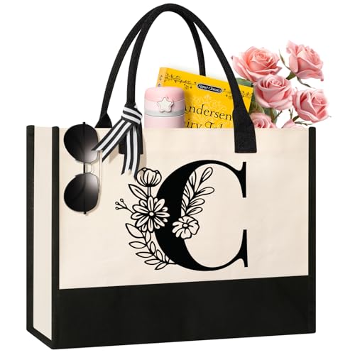 Image of Tecanne Personalized Initial Canvas Tote Bag, Suitable for Birthday, Wedding, Beach, Holiday, Gifts for Women, Mom, Teachers, Nurses, Best Friends, Bridesmaids (C)