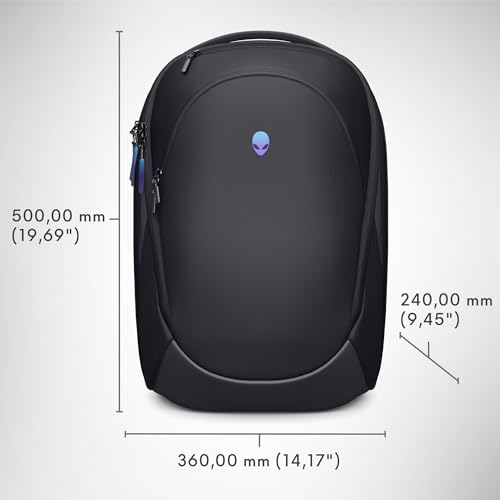Alienware 18 Sac à Dos – AW7825P – Capacité 28 L, Mesh 3D Respirant, organiseurs magnétiques, Poche RFID, résistant aux intempéries, Logo réfléchissant irisé 3D – Noir