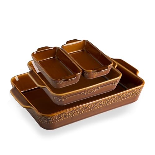 Sweejar Casserole Dishes for Oven, Ceramic Bakeware Set of 4, Rectangular Baking Dish with Handles, Lasagna Pans for Cooking, Gratin, Roasting, Banquet and Daily Use (Kiln-Change Brown)