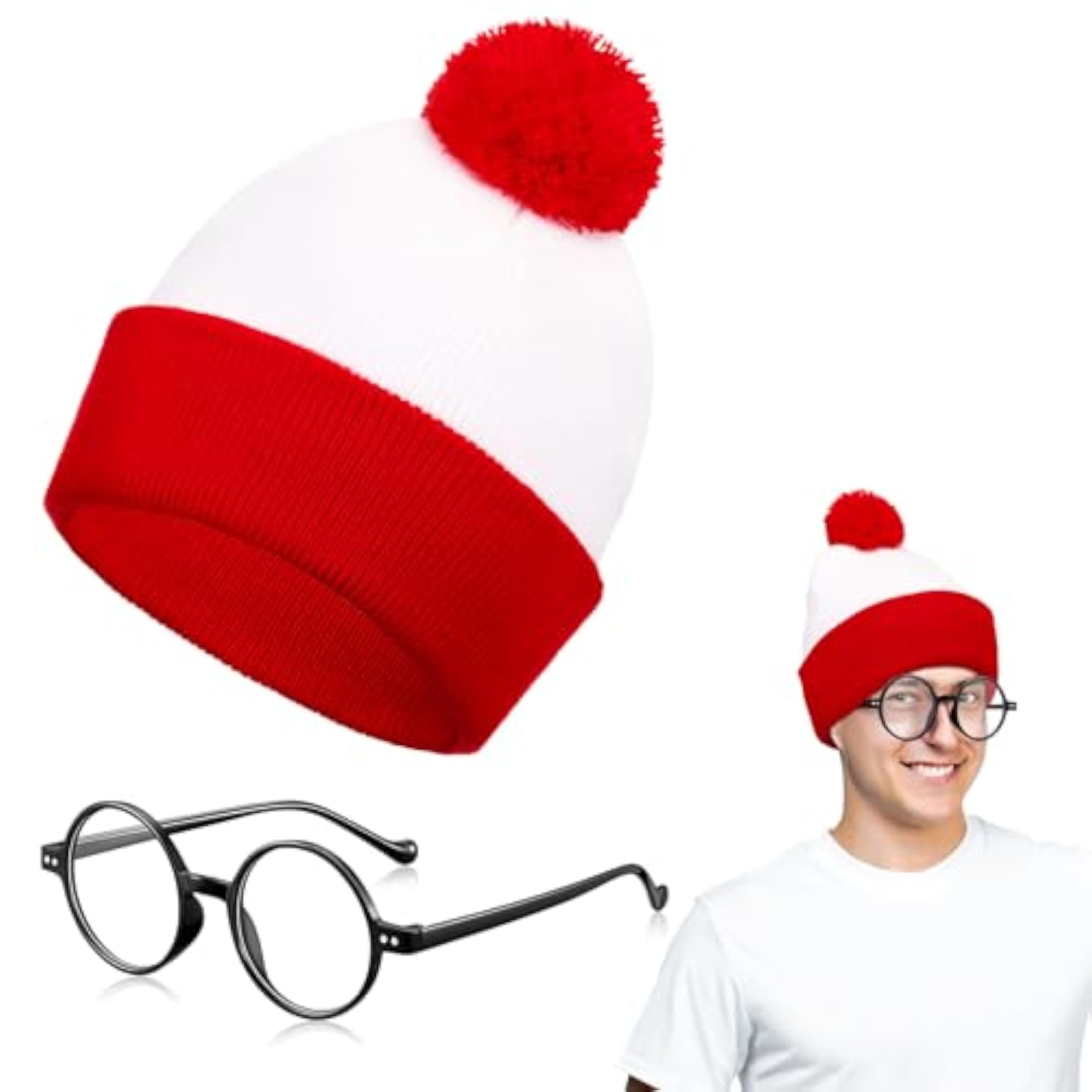 BBTO Accesorios de Carnaval Gorro con Pompón Rojo y Blanco y Gafas Redondas Retro Gafas de Nerd para Disfraz de Carnaval de Halloween Accesorios para Fiestas de Cosplay(2 Piezas)