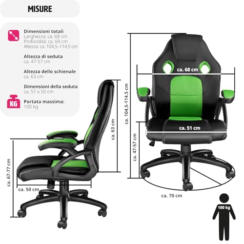 ® Sedia da Ufficio Ergonomica, Sedia Scrivania con Rotazione 360°, Imbottitura Confortevole, Rivestimento Similpelle, Poltrona Gaming con Altezza Regolabile, 5 Rotelle Doppie - Nero/Verde - Sedia gaming - Immagine 1