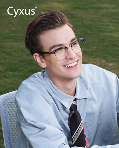 Image of Cyxus 2 Pack Blue Light Glasses Men Women Retro Semi Rimless Browline Blue Light Glasses for Computer Eye Strain Gaming Glasses(402B002 Black & Wine Red)