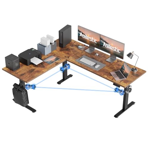 Image of Agilestic 73 x 61 Inch L Shaped Electric Standing Desk, Rustic Brown