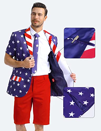 Fashonal American Flag Suits 4Th Of July Outfits For Men Short Sleeve Patriotic Blazer Shorts Set With Tie And Bow Tie Dark Blue And White Stars Size L #TOP3
