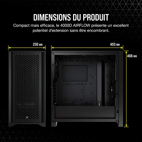 CORSAIR 4000D AIRFLOW Boîtier ATX Mid-Tower en Verre Trempé – Débit d'Air Élevé – Système de Destion des Câbles – Intérieur Spacieux – Deux Ventilateurs de 120 mm Inclus – Noir