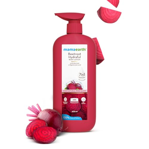Image of Mamaearth Beetroot Hydraful Body Lotion with Beetroot & Hyaluronic Acid & for Natural Pink Glow - 400 ml Beetroot + Hyaluronic Acid for Deep Hydration | 48 hrs* Moisturization & Barrier Repair | Alcohol & Petrolatum free | Made Safe Approved