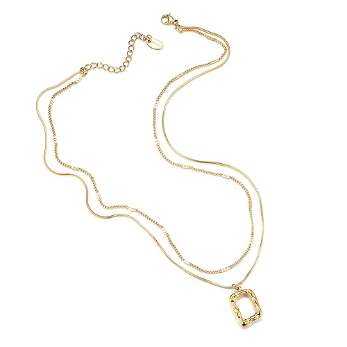 Evabelle Gold Layered Necklace for Women Trendy Jewelry 14K Real Gold Plated Chunky Chain Stackable Necklaces Dainty Choker Necklaces Rectangle Square Pendant4