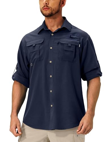 Men's Sun Protection Fishing Shirts Lightweight Long Sleeve UPF 50+ Travel Work Hiking Shirts with Pockets Navy