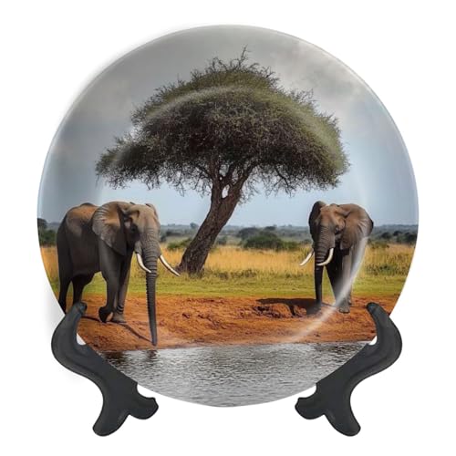 Decorative Plates for Display Elephants savannah water hole Gift Plates Ceramic Collections Plates Hanging Artwork for Living Dining Room Kitchen Souvenir