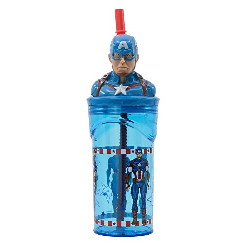 Stor Gobelet Marvel Captain America 360 ml original pour enfants avec paille intégrée et figurines 3D de personnages de films célèbres.