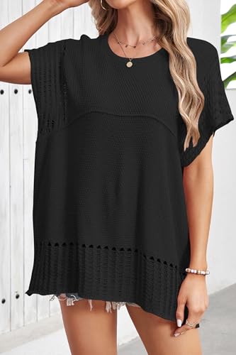 Cakulo Womens Summer Short Sleeve Casual Sweaters Tunic Crochet Knit Sweater Top 20254