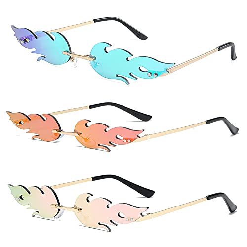 HENGBIRD Flammen Sonnenbrille, 3 Stück Flammen Brillen, Feuer Sonnenbrillen, Neuheit Partybrille, Flammen Sonnenbrille Fashion Rahmenlos Feuer Flammen Brille Mode Party Frauen MäNner Cover