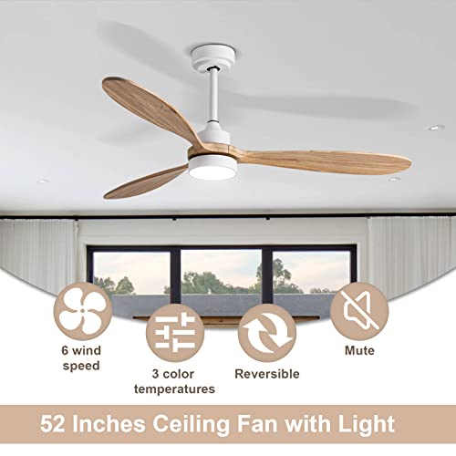 Gesum Ceiling Fan With Light, 52" Wood Ceiling Fan With Light Remote Control,6 Speeds,Low Profile Ceiling Fan Light For Indoor/Outdoor #TOP1