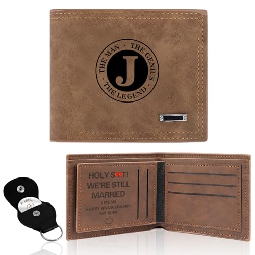 Fathers Day Mens Gifts for Him Husband Funny Engraved Leather Wallets with Pocket Hug Token Anniversary Wedding Gifts Cool Birthday Gift Christmas Sentimental Gifts for Him Men Husband Boyfriend (J)