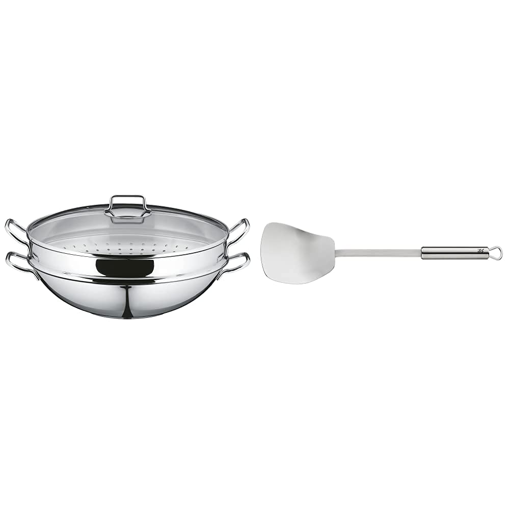 WMF Macao Wok-Set Induktion 4-teilig, Wok-Pfanne 36 cm mit Glasdeckel, Ablagegitter, Dämpfereinsatz Cromargan Edelstahl poliert, unbeschichtet & Profi Plus Wok-Wender 36,2 cm, Pfannenwender
