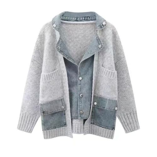 Image of FindThy Women's Trendy Button Up Cardigan Long Sleeve Color Block Jean Cardigan Coats(1373-Grey-OneSize-LB)