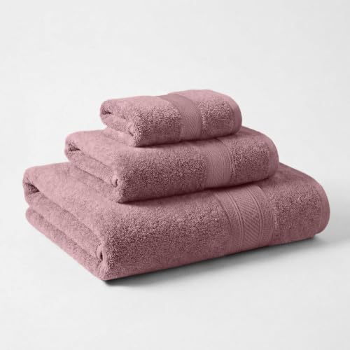 SUPERIOR 100% Cotton 3-Piece Towel Set, Heavyweight Plush Absorbent Towels for Bathroom, Spa, Gym, Integrated Hanging Hooks, Set Includes 1 Bath, 1 Hand, 1 Face Towel, Atlas Collection, Grape Shake